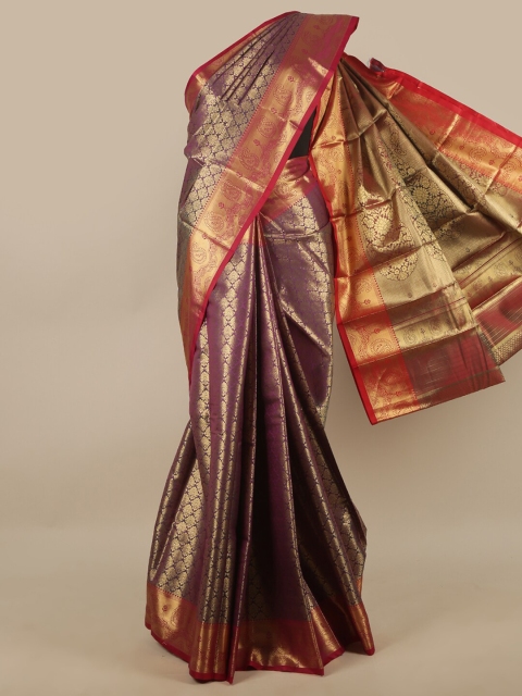 

Pothys Lavender & Red Ethnic Motifs Woven Design Butter Silk Saree