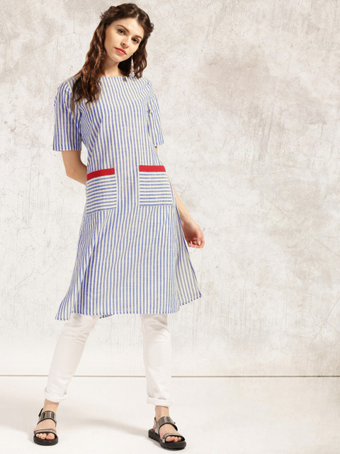 

Anouk Women Blue & Off- White Striped A-Line Kurta