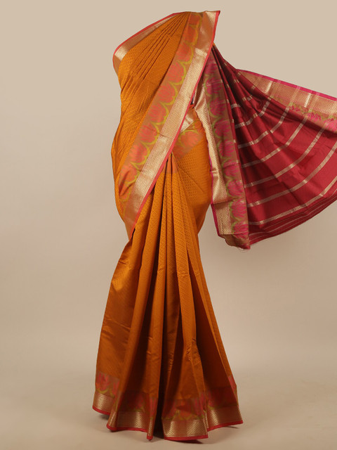 

Pothys Mustard & Red Ethnic Motifs Woven Design Butter Silk Saree