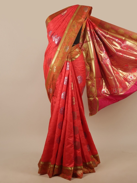 Pothys Coral & Silver-Toned Floral Zari Art Silk Saree