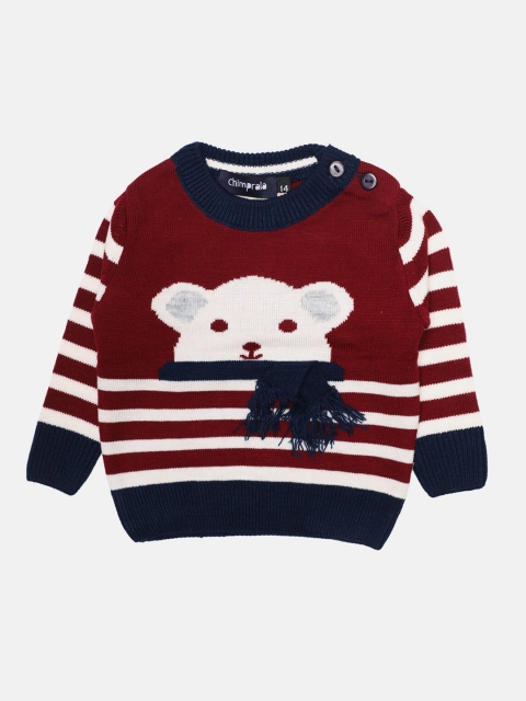 

CHIMPRALA Boys Maroon & White Striped Woolen Pullover
