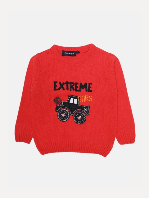 

CHIMPRALA Boys Red & Black Typography Printed Wool Pullover