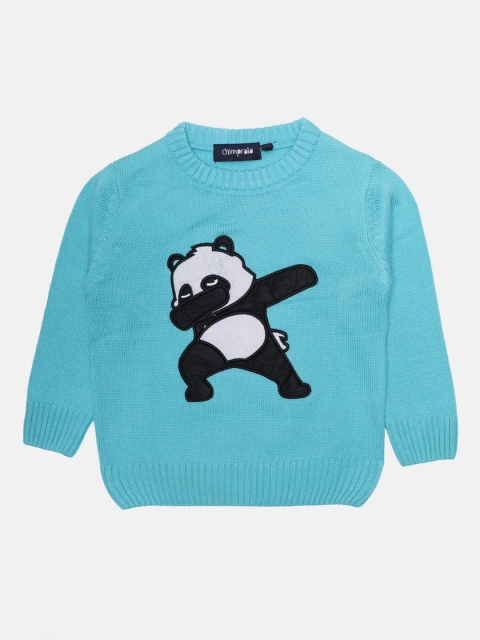 

CHIMPRALA Boys Turquoise Blue & White Woolen Pullover with Applique Detail