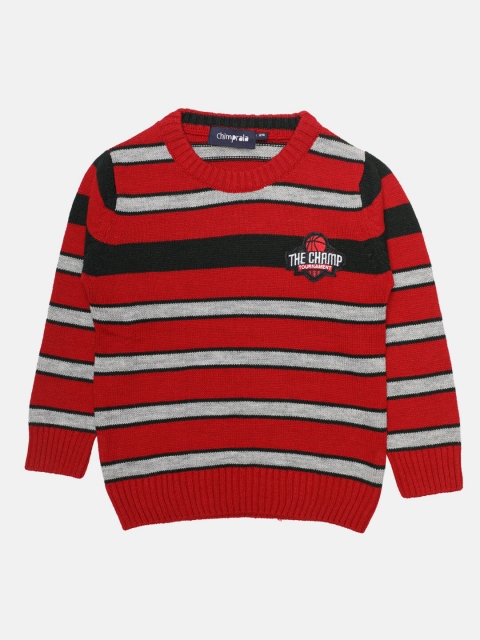

CHIMPRALA Boys Red & Grey Striped Woolen Pullover