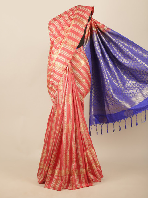 

Pothys Coral & Blue Ethnic Motifs Woven Design Butter Silk Saree