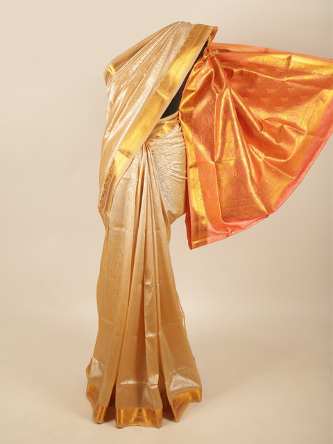 

Pothys Gold-Toned & Orange Paisley Zari Art Silk Saree