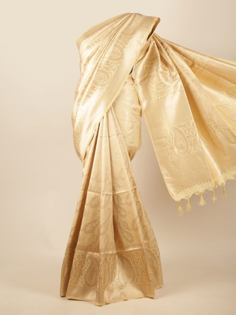 

Pothys Cream-Coloured & Gold-Toned Paisley Zari Art Silk Saree