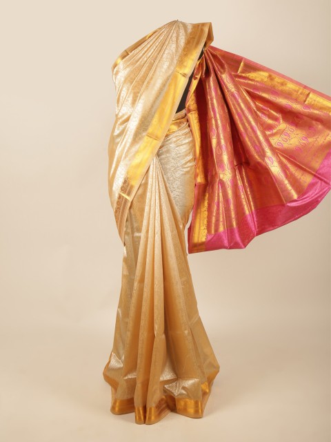 

Pothys Gold-Toned & Magenta Floral Zari Art Silk Saree