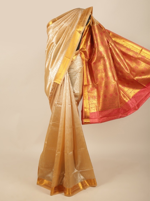 

Pothys Gold-Toned & Pink Ethnic Motifs Woven Design Butter Silk Saree