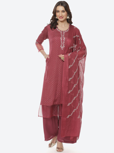 

Meena Bazaar Women Pink Embroidered Layered Silk Georgette Kurti with Salwar & Dupatta