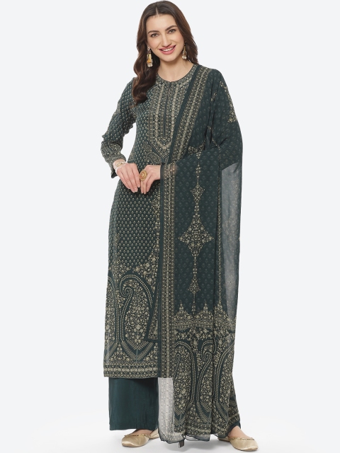 

Meena Bazaar Women Green Printed Panelled Silk Georgette Kurta with Palazzos & Dupatta