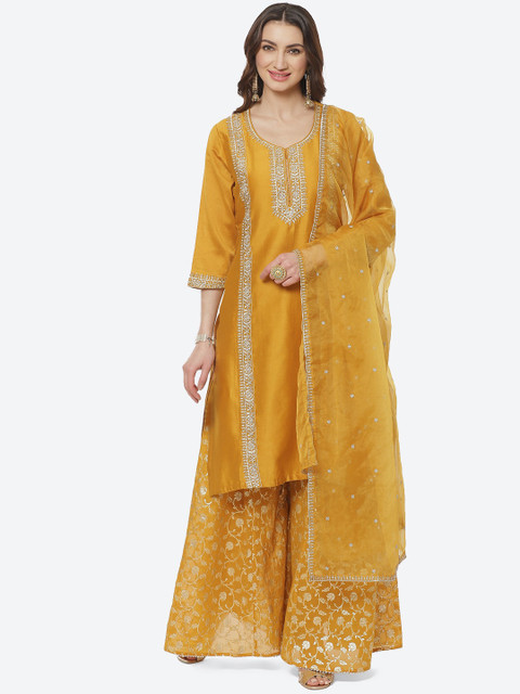 

Meena Bazaar Women Mustard Yellow Embroidered High Slit Kurta with Palazzos & Dupatta