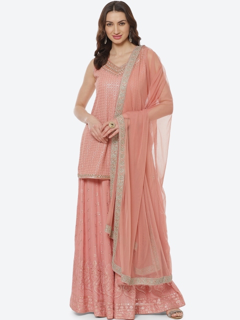 

Meena Bazaar Women Peach-Coloured Embroidered Silk Georgette Kurti with Skirt & Dupatta