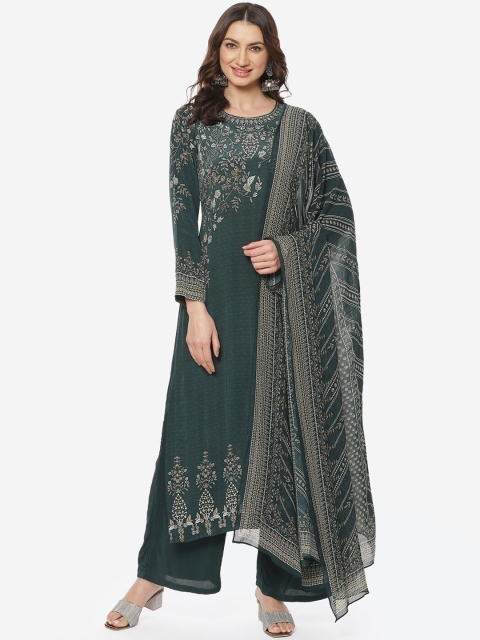 

Meena Bazaar Women Green Floral Printed Silk Georgette Kurti with Palazzos & Dupatta