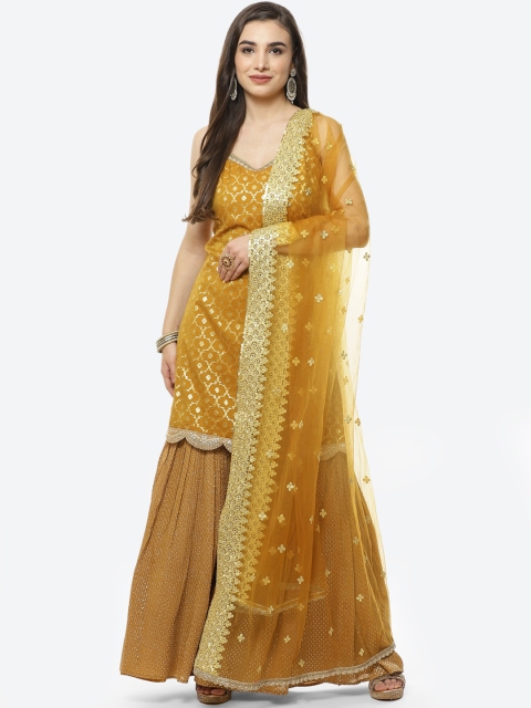 

Meena Bazaar Women Mustard Yellow Ethnic Motifs Embroidered Kurti with Palazzos & Dupatta