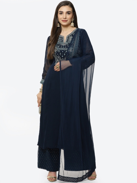 

Meena Bazaar Women Teal Floral Silk Georgette Kurta with Palazzos & Dupatta