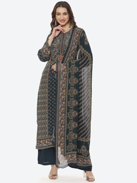 

Meena Bazaar Women Teal Ethnic Motifs Printed Silk Georgette Kurti with Palazzos & With Dupatta