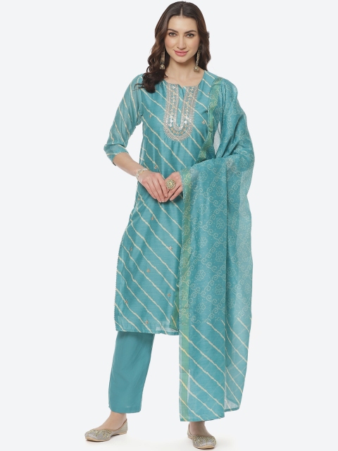 

Meena Bazaar Women Turquoise Blue Striped Pure Cotton Kurti with Trousers & Dupatta