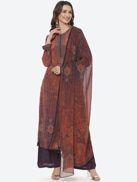 

Meena Bazaar Women Burgundy Printed Pleated Silk Georgette Kurta with Palazzos & Dupatta