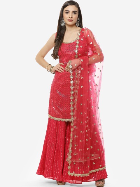 

Meena Bazaar Women Fuchsia Ethnic Motifs Embroidered Silk Georgette Kurti with Sharara & With Dupatta