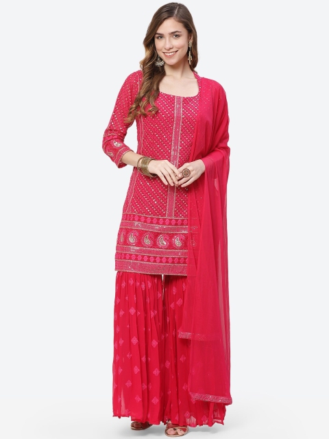 

Meena Bazaar Fuchsia Ethnic Motifs Embroidered Georgette Kurta with Sharara & Dupatta