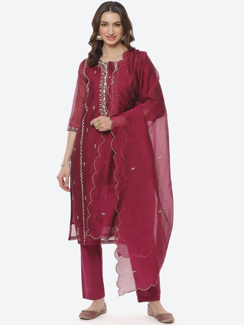 

Meena Bazaar Women Burgundy Embroidered Layered Kurti with Trousers & With Dupatta