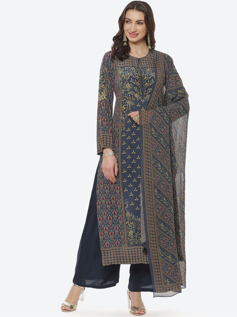 

Meena Bazaar Women Blue Floral Printed Silk Georgette Kurti with Palazzos & With Dupatta