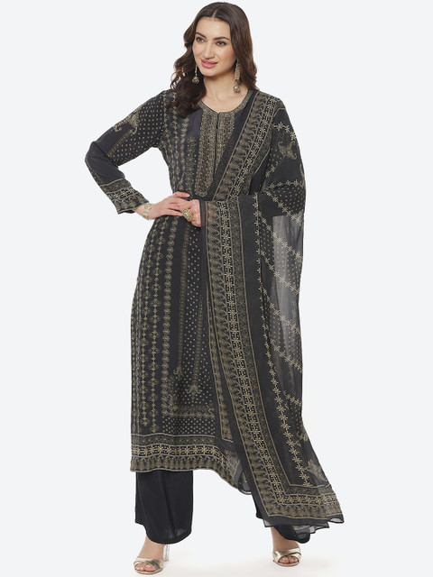 

Meena Bazaar Women Black Printed Silk Georgette Kurti with Trousers & Dupatta
