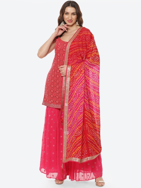 

Meena Bazaar Women Red Embroidered Mirror Work Silk Georgette Kurti with Sharara & With Dupatta