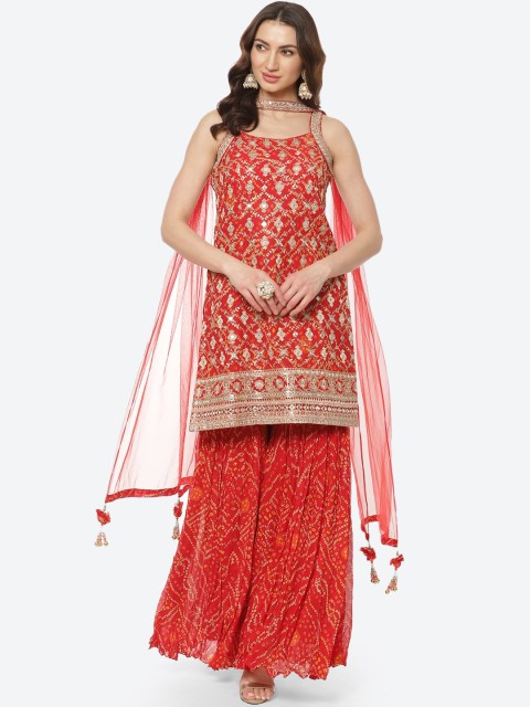 

Meena Bazaar Women Red Bandhani Printed Silk Georgette Kurti with Sharara & With Dupatta