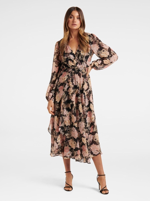 

Forever New Black Floral Candice Layered Midi Dress