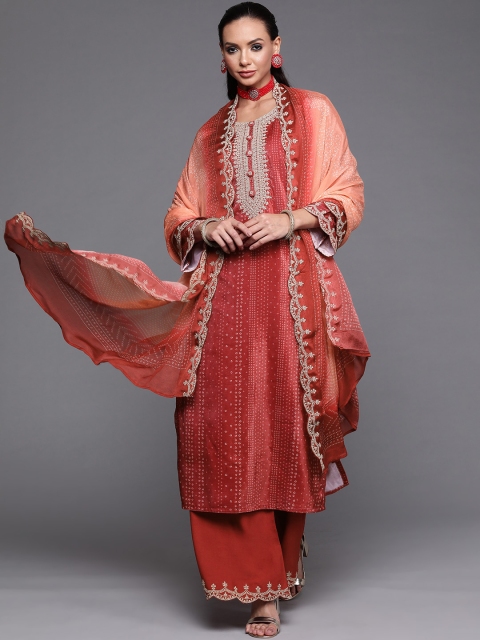 

Indo Era Women Red & Gold-Toned Embroidered Velvet Bandhani Kurta with Palazzos & Dupatta