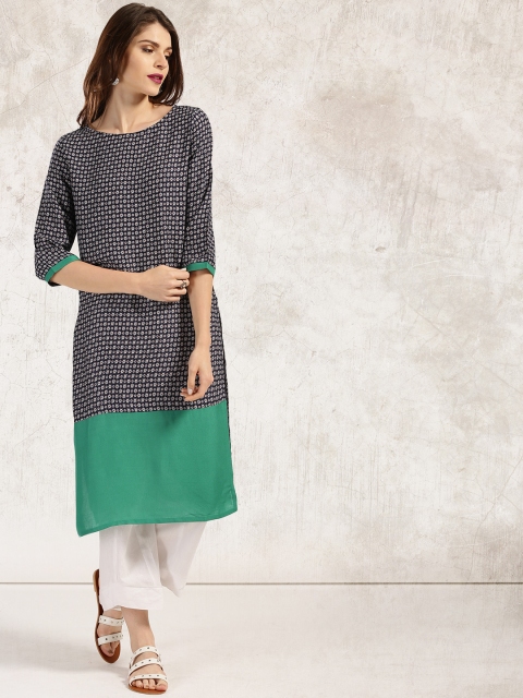 

Anouk Women Navy & Off-White Printed A-Line Kurta, Navy blue