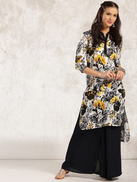 

Anouk Women White Printed Straight High-Low Kurta