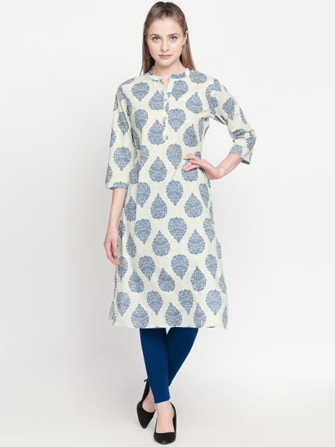 

ZRI Women Cream-Coloured & Blue Ethnic Motifs Printed Kurta