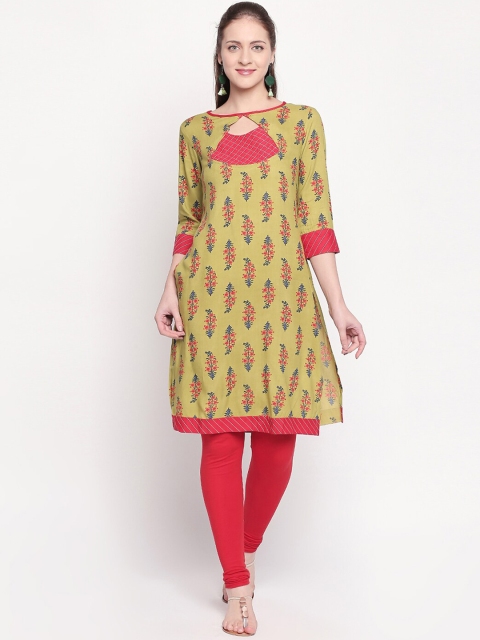 

ZRI Women Green & Pink Ethnic Motifs Printed Keyhole Neck Kurta