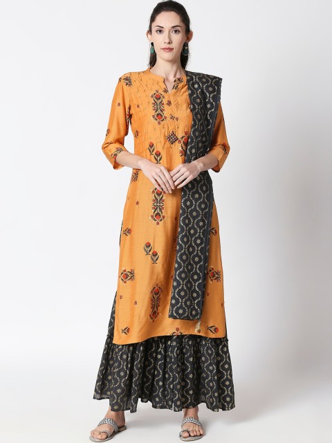 

ZRI Women Yellow Layered Kurti with Sharara & With Dupatta