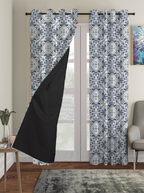 

HOUZZCODE Set of 2 Grey & Navy Blue Ethnic Motifs Black Out Door Curtain