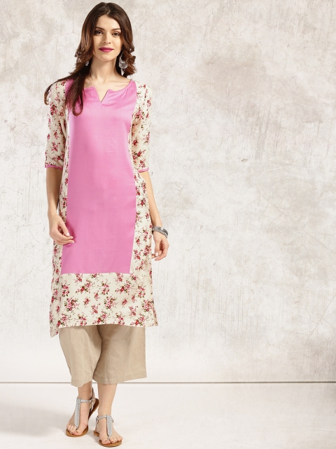 

Anouk Women Off-white & Pink Floral Print Straight Kurta