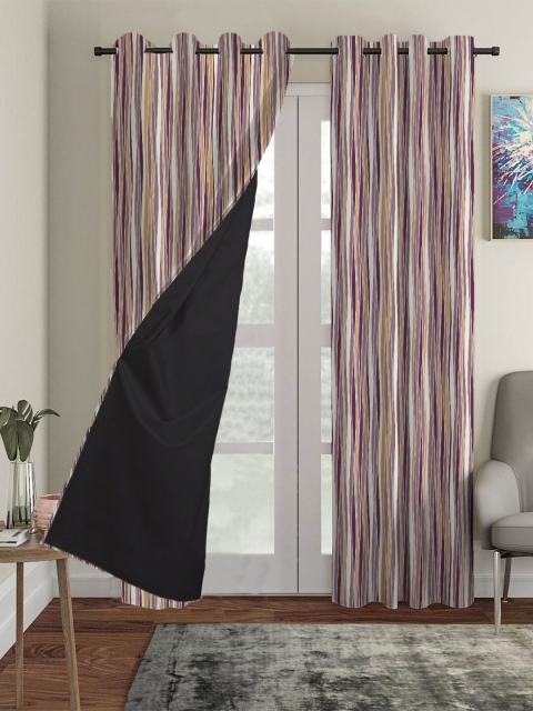 

HOUZZCODE Set Of 2 Maroon & White Striped Black Out Door Curtain