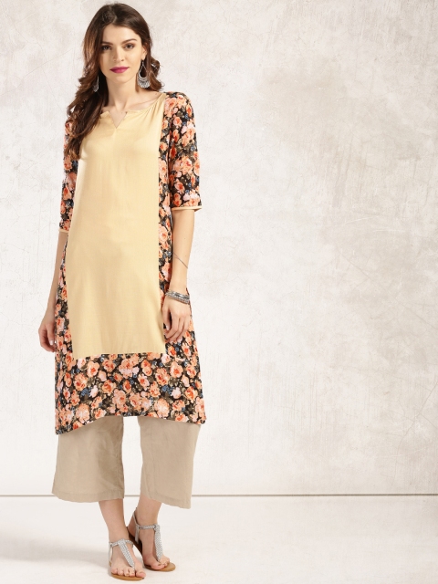 

Anouk Women Black & Beige Floral Print Straight Kurta