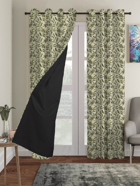 

HOUZZCODE Set Of 2 Green Floral Black Out Door Curtain