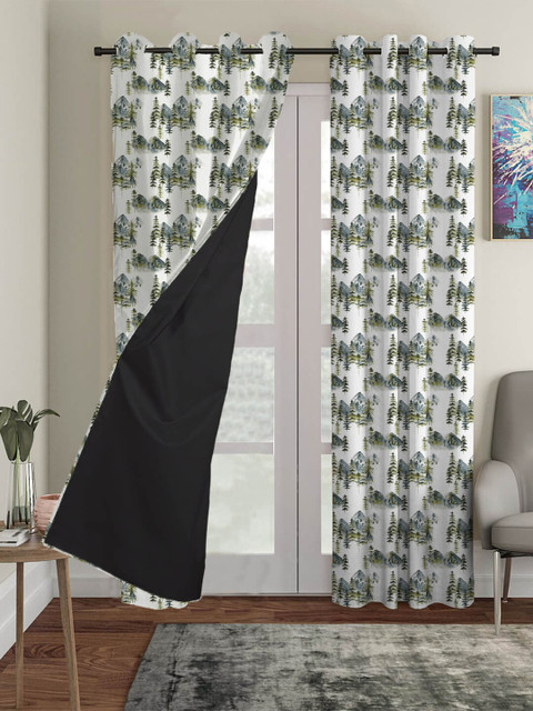 

HOUZZCODE Green & White Set of 2 Black Out Window Curtain