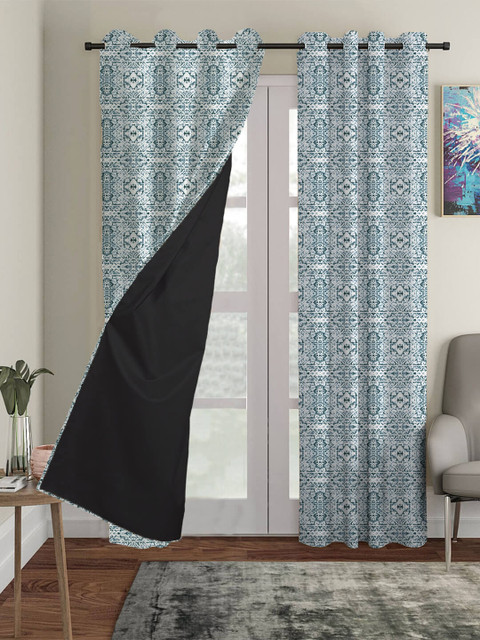 

HOUZZCODE Blue & White Set of 2 Ethnic Motifs Black Out Window Curtain