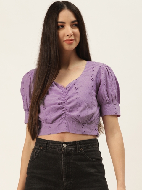 

Off Label Lavender Off-Shoulder Pure Cotton Blouson Schiffli Crop Top