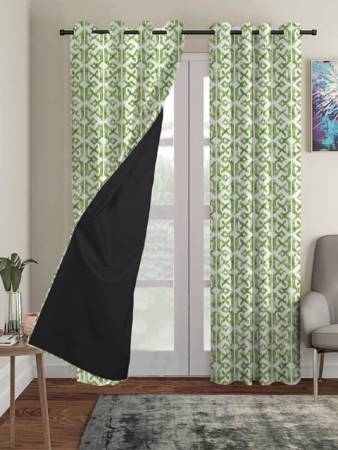 

HOUZZCODE Set Of 3 White & Green Printed Blackout Window Curtain