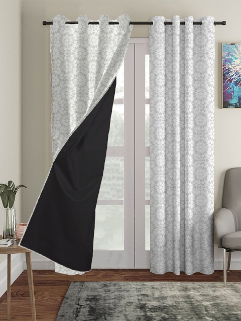 

HOUZZCODE White & Grey Abstract Printed Pack of 3 Black Out Window Curtain