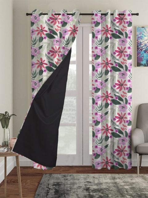 

HOUZZCODE Set Of 2 Pink & Green Floral Printed Blackout Window Curtains
