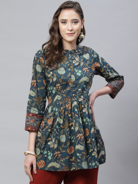 

Divena Navy Blue Floral Print Mandarin Collar Peplum Top