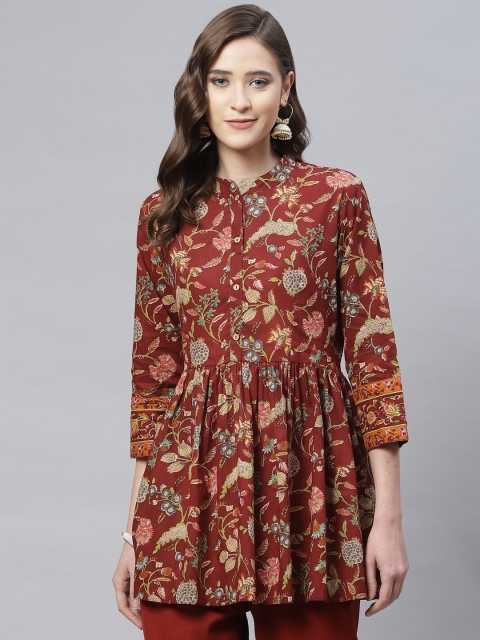 

Divena Maroon Floral Print Mandarin Collar Peplum Top
